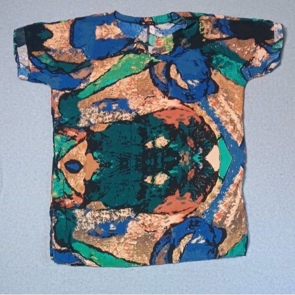 VTG Vision USA Dolman Cap Sleeve Tunic Blouse S Abstract Art To Wear Lagenlook